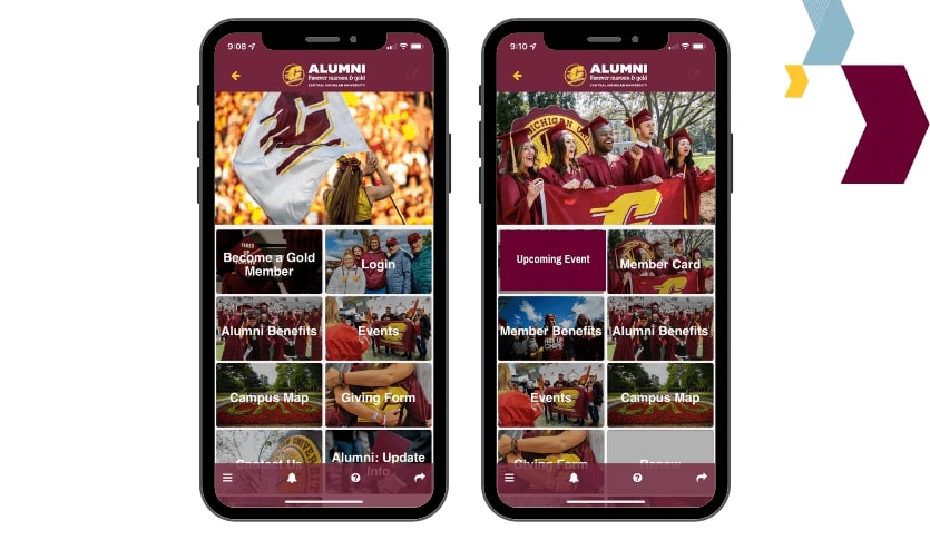 Two cell phone screen shots showing the CMU Alumni App. There are icons and buttons with CMU-related photos.