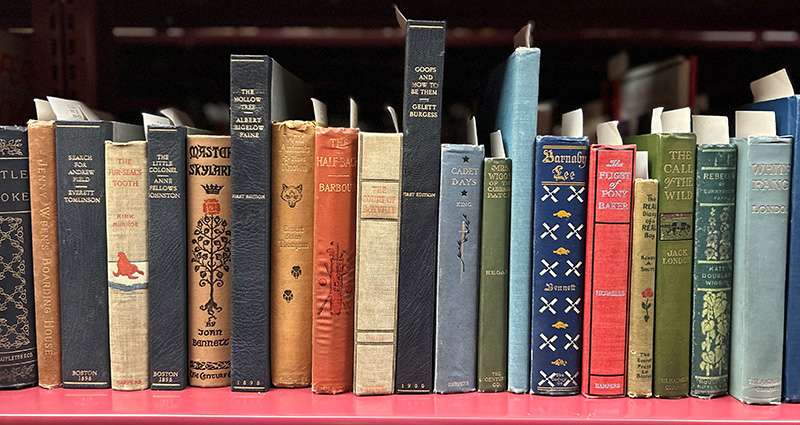 A shelf full of rare children's books.