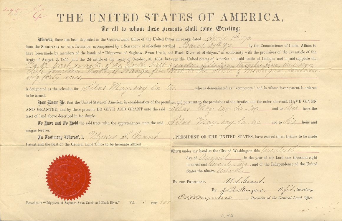 Government land patent, 1872