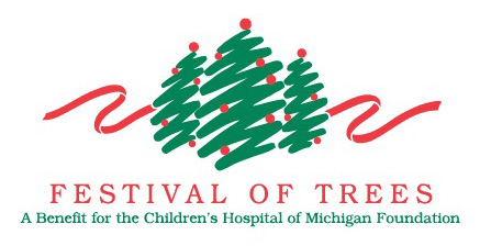 An illustration of a red ribbon behind three green Christmas tree above the words Festival of Trees, A benefit for the Children’s Hospital of Michigan Foundation.