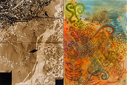 Two paintings side by side. One in black and tan tones of branches with birds resting on them with organic nature shapes as a backdrop. The other is a rainbow of colors, a collage of shapes found in nature.