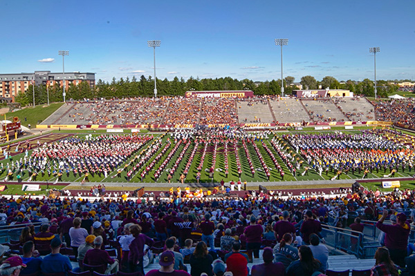 A picture of combined marching bands from the 2019 CMU Band Day.