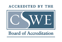 Logo in blue and white text Accredited by the Council on Social Work Education Board of Accreditation.