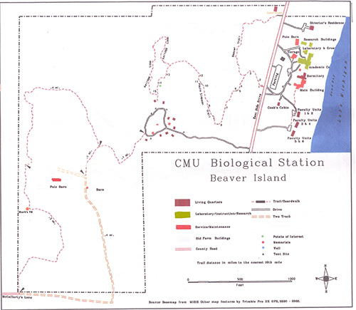 A map showing the locations of the CMU Biological Station and the accompanying trail system on Beaver Island.