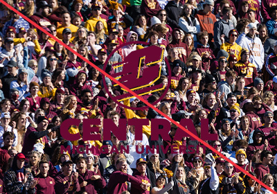 Action C Combination mark incorrect use example, a maroon Action C with gold drop shadow above the words “Central Michigan University