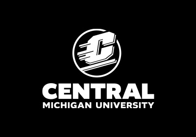 CMU Action C Combination mark vertical in one-color white, an Action C is located above the words “Central Michigan University
