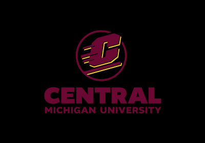 CMU Action C Combination mark vertical example, a maroon Action C with gold drop shadow lines are located above the words “Central Michigan University