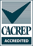 a logo with a check mark and CACREP accredited type