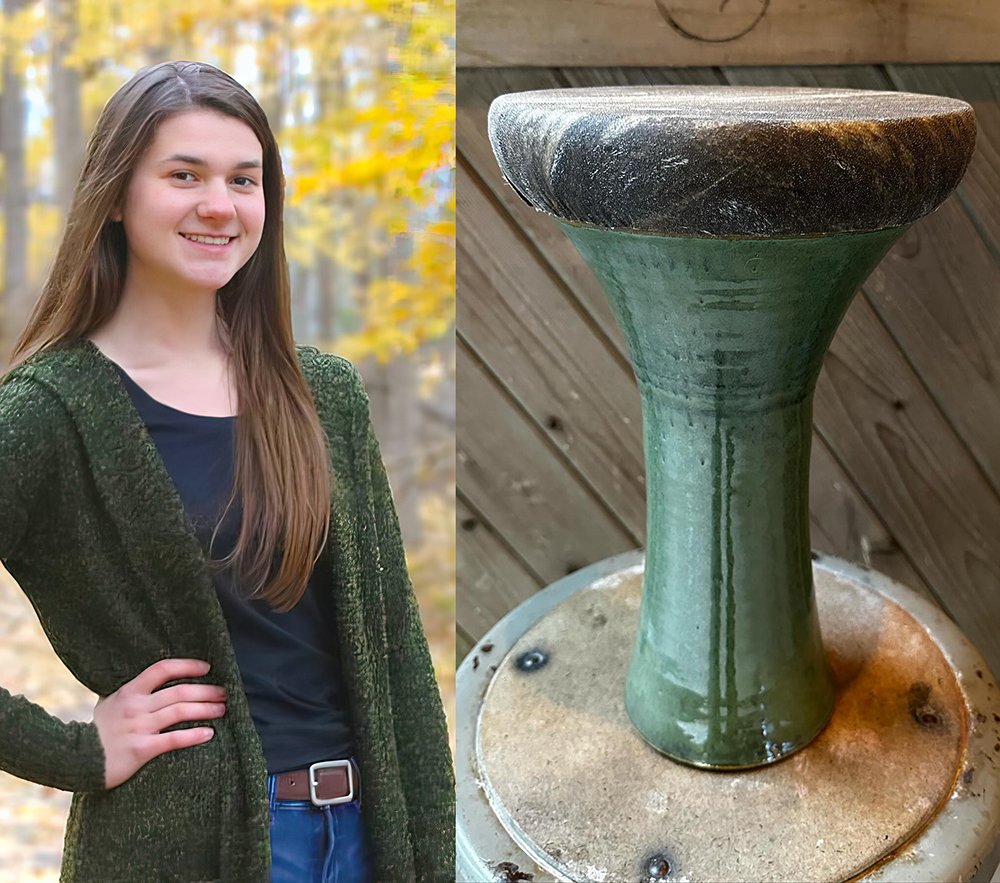 Photo of Melissa Navarre BFA Studio Art '24 with a ceramic djembe