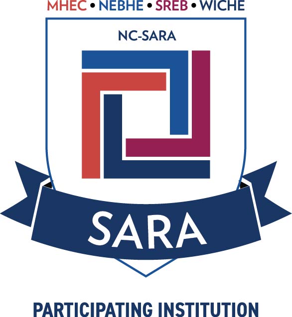 The logo of the National Council for State Authorization Reciprocity Agreements Participating Institution. The letters MHEC, NEBHE, SREB, WICHE are above a blue-outlined shield with SARA in white on a blue ribbon.