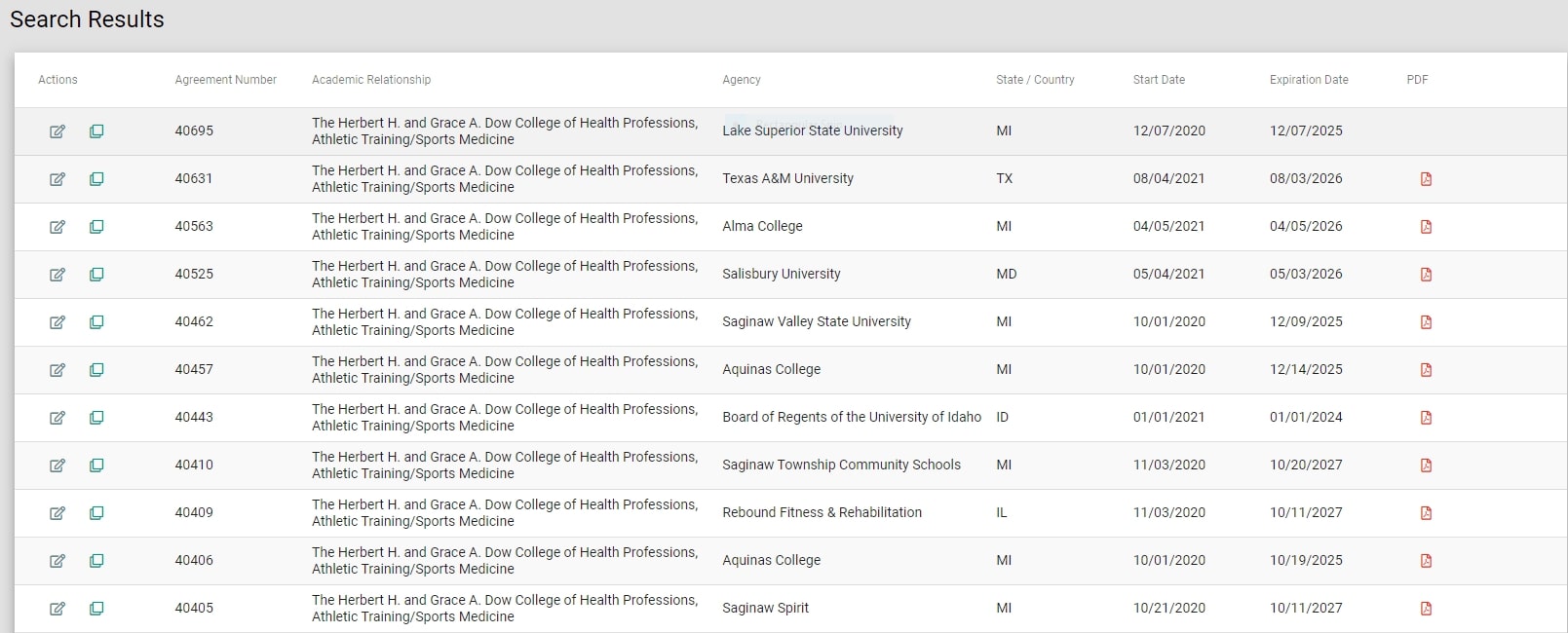 Agreements System Search Results