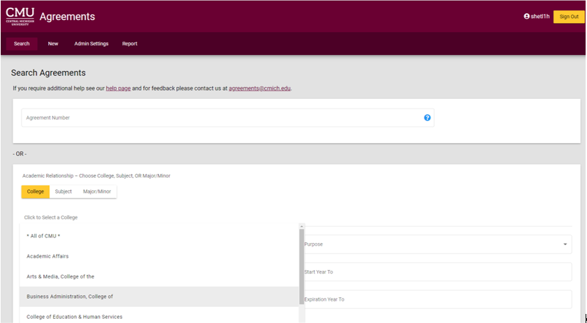 Agreements System Select a College Search