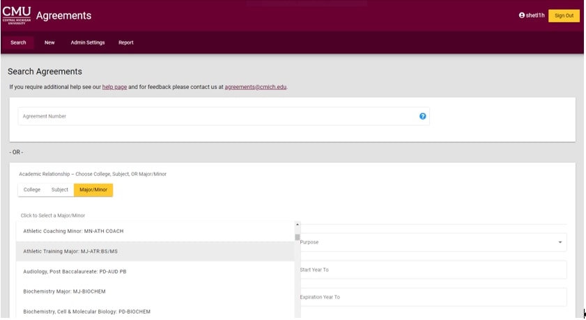 Agreements System Select a Major or Minor Search