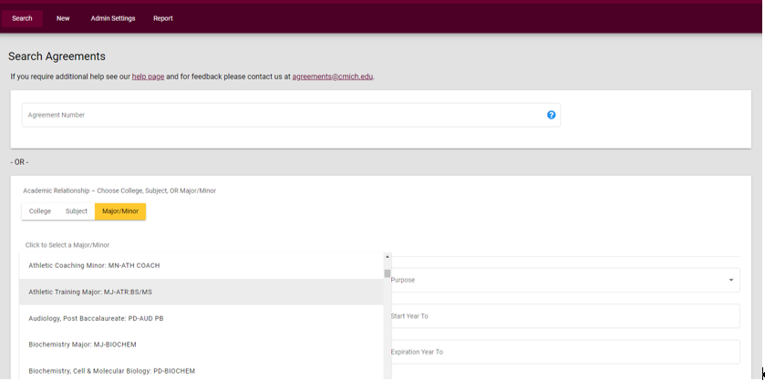 Agreements System Select a Major or Minor Search