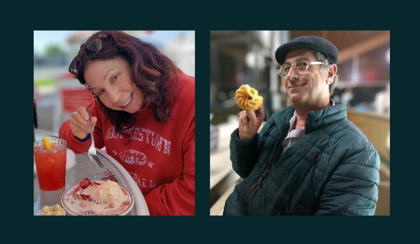 a collage of a two photos, a woman smiling and holding a fork to a plate of dessert, and man smiling and holding up a ridged donut