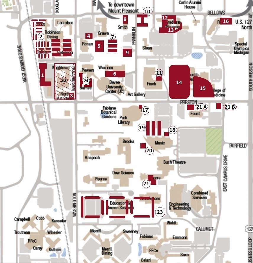 A map of campus that shows buildings that were demolished.