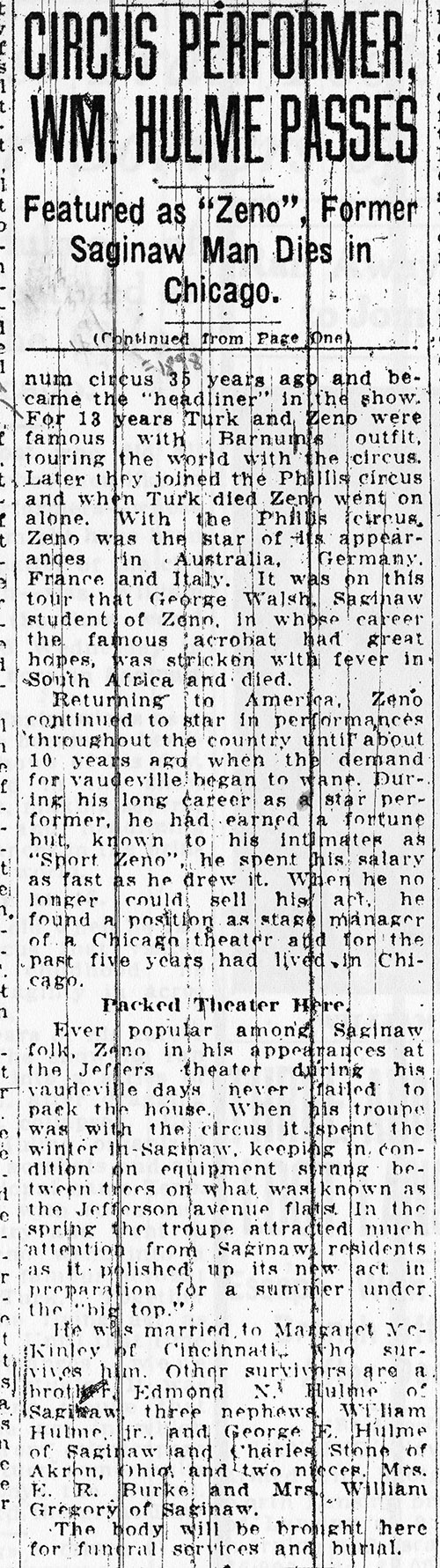 A news paper clipping about the passing of circus performer WM. Hulme.