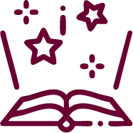 Outline of an open book with rays and stars coming from the pages.