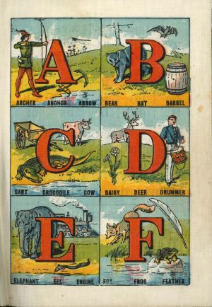 LittlePetsLinenABC small Page from book illustration with alphabet letters A-F and character illustrations.