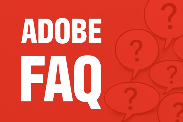 Image with red background and transparent speaking bubbles with question marks in it with large white text saying "Adobe FAQ"