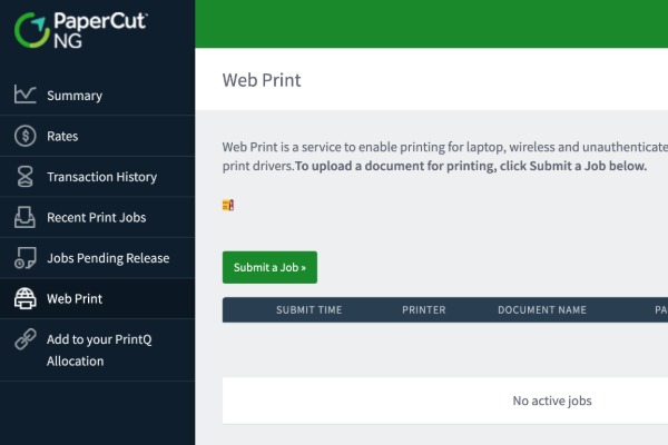 Screenshot of the webpage for print Q, a website where students can add to their allocation and upload files to print around campus.