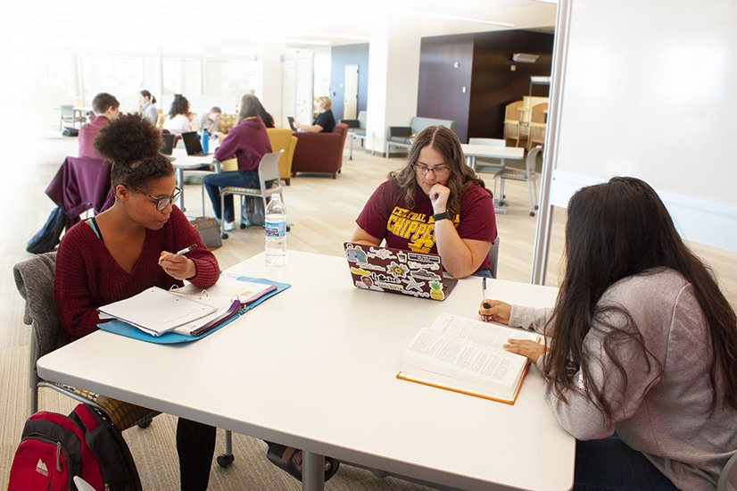 A group of students working at a table in 3 East, Park Library.