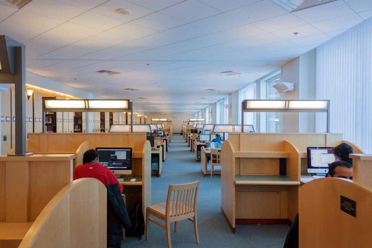 Study carrels and tables are available in the first floor quiet area.
