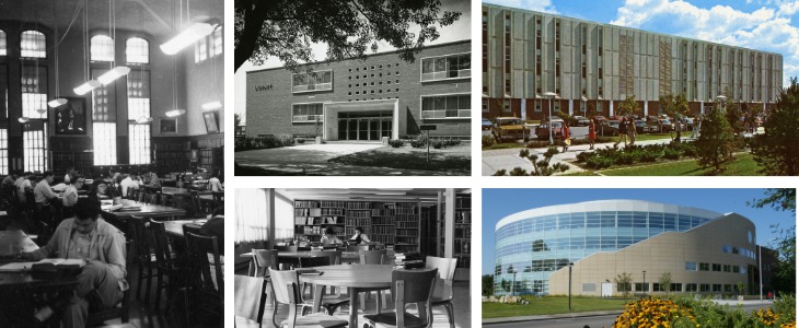 Collage of photos of the library over the last 100 years from when it was in Warriner hall, to ronan hall and present day Charles V Park.