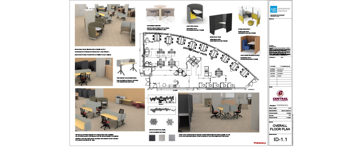 Architectural Drawing of furniture options and layout for the renovation of the 1North Study Room in Park Library