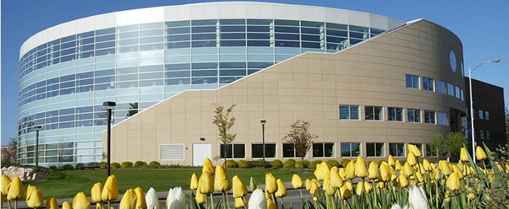 Exterior Park Library and spring tulips
