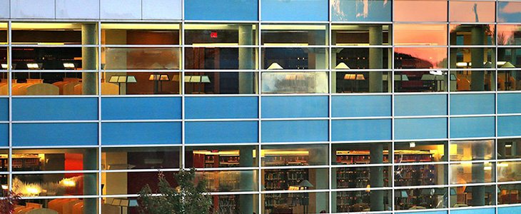 Exterior image of Library windows in autumn.