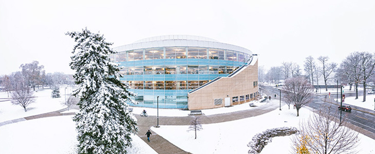 Exterior view of Park Library from the east with snow covered landscape