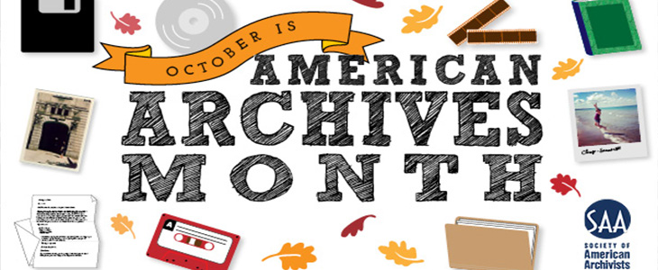 2024 image for American Archives Month with a white background text American Archives Months and various images of media