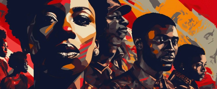 Color blocking portrait art of African American people's faces.
