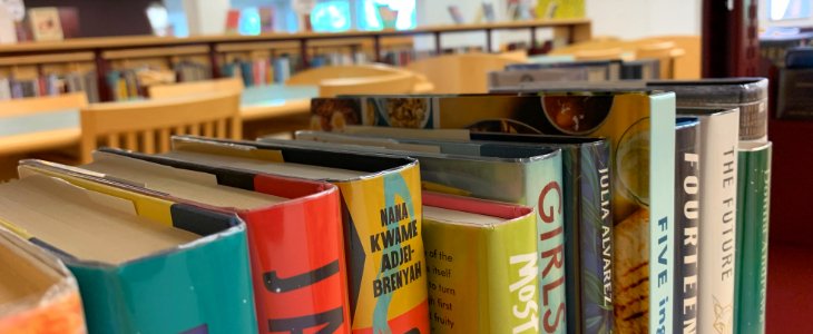 Close-up image of books on shelf that represent the browsing book collection in the Library.