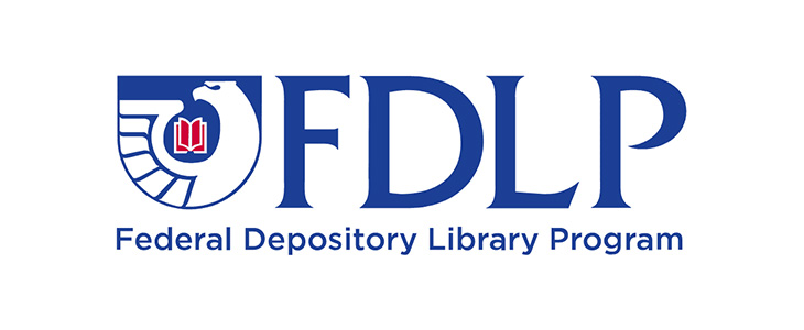 Logo for the Federal Depository Library Program, blue and red text and image on white background
