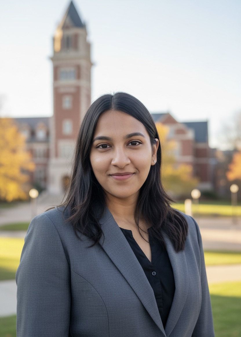 Headshot of Maheshwari Kammadanam, a woman with dark hair wearing a grey suit jacket Standing outside for the photo.