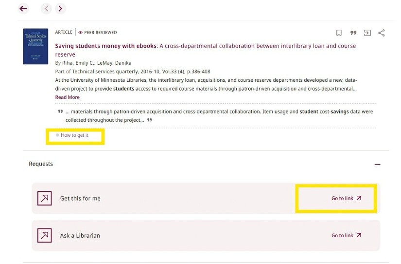 Screen grab of theSmart Search results page with attention to the go to link link.