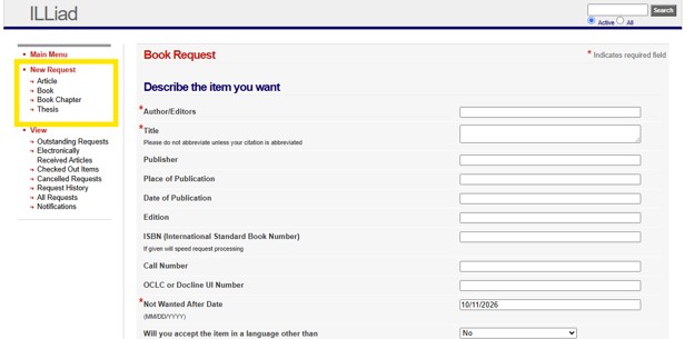 Screen grab of the ILLiad Book Request webpage.