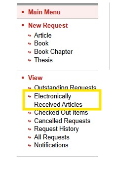 Screen grab that shows where to find electronically received articles.