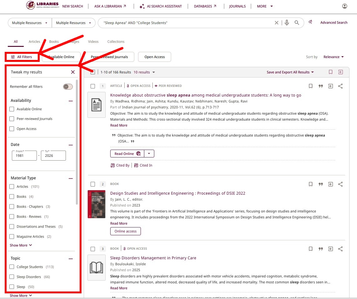 Screenshot with filters outlined Screenshot of Smart Search results and on the left the