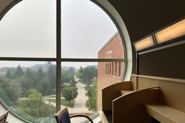 SouthRound a round window with a view of the central sidewalk and trees