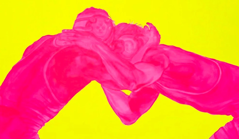 Vibrant Yellow background with Magenta monochromatic wrestlers grappling. Work title: Head-to-head - 2024 Acrylic on Canvas - 42"x66"