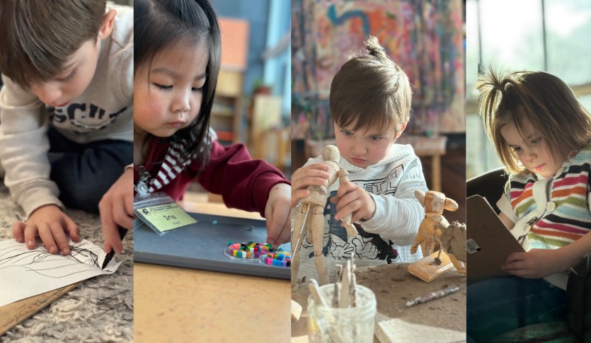 Four children working diligently on art projects