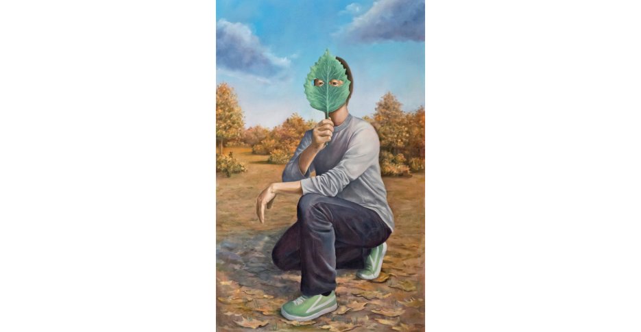 Painting of a person kneels in an autumn park, holding a large green leaf with eye holes over their face. Dressed in a gray sweater, dark pants, and green sneakers, they blend into the earthy tones of fallen leaves and trees in the background.