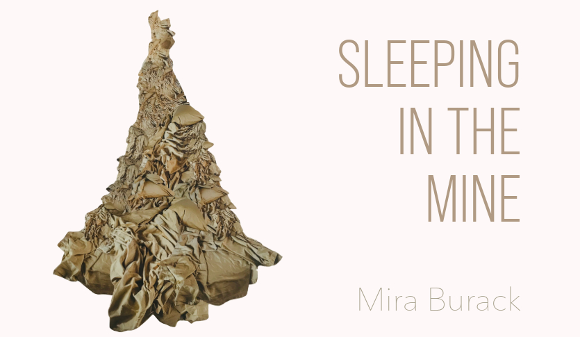 Artist Mira Burack's work Fool's Gold Bouquet II, 2023, Photography collage, photographs of bedding, 36 by 24. The photo says Sleeping in the Mine, Mira Burack on the right hand side.