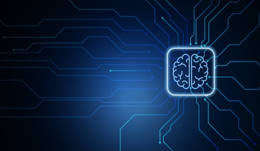 a brain in a circuit board on a navy blue background