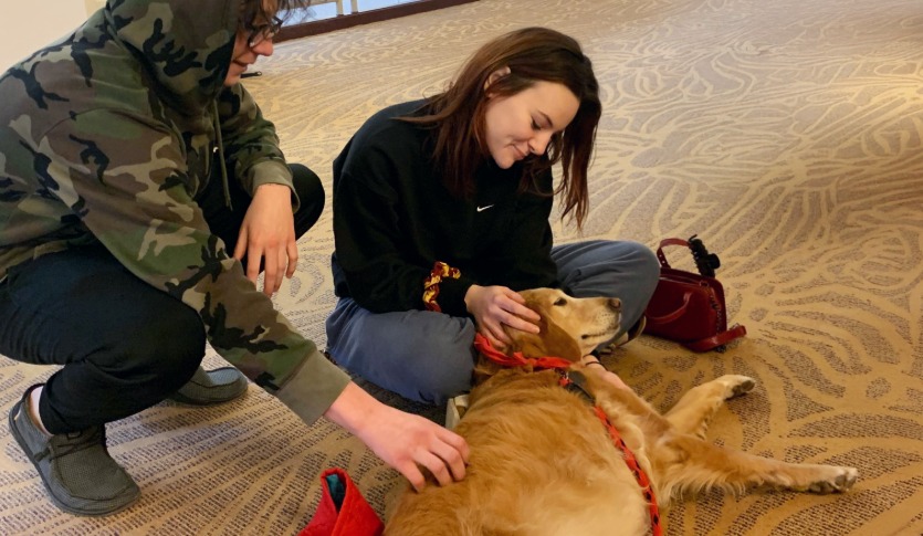 Two students crouching down to pet golden retriever dog.