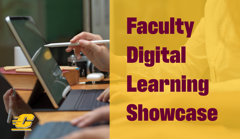 Close-up of people working on tablets with yellow side bat and text reading "Faculty Digital Learning Showcase"