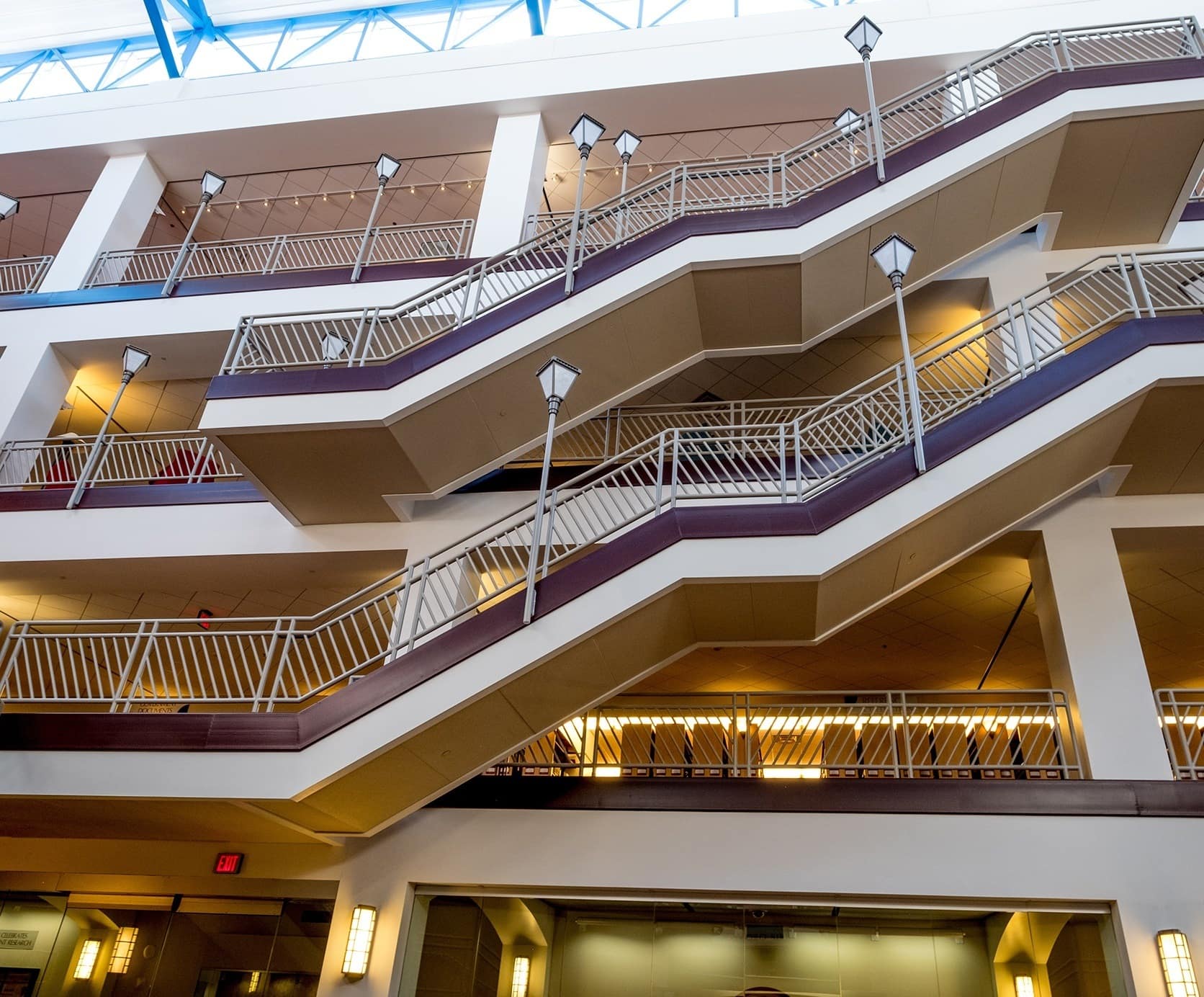 Atrium view of the Library showing stairs and four floors